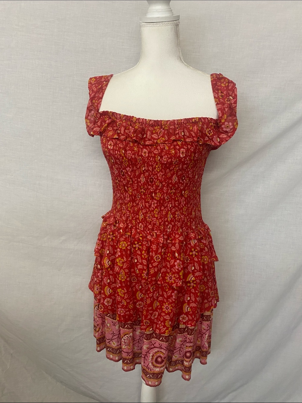 Spell & The Gypsy Red Floral Smocked Mini Dress with Pink Border